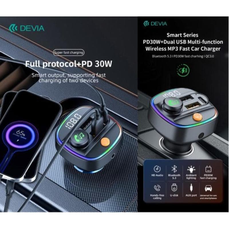Devia Vivavoce e Carica 30W per auto FM Bluetooth 5.3 con lettore Mp3 e Pendrive