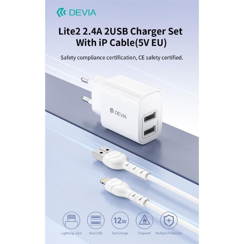 Devia Caricabatterie 2.4A 2 USB-A 5V 12 Watt Con Cavo Lightning Bianco