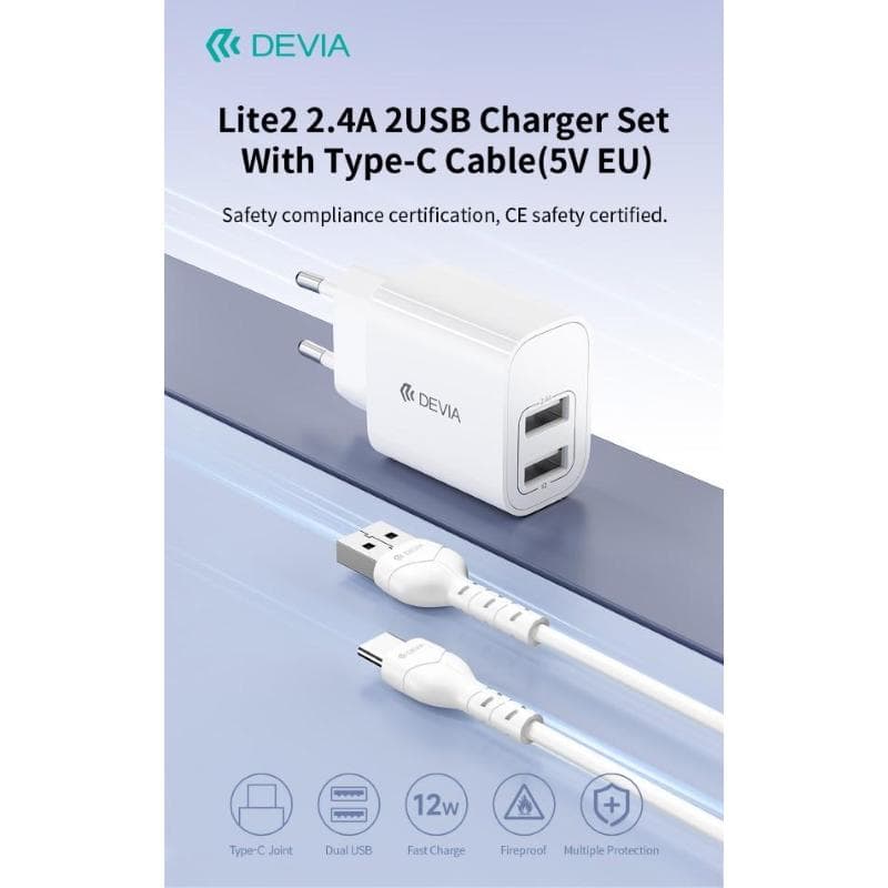 Devia Caricabatterie 2.4A 2 USB-A 5V 12 Watt Con Cavo Tipo-C Bianco