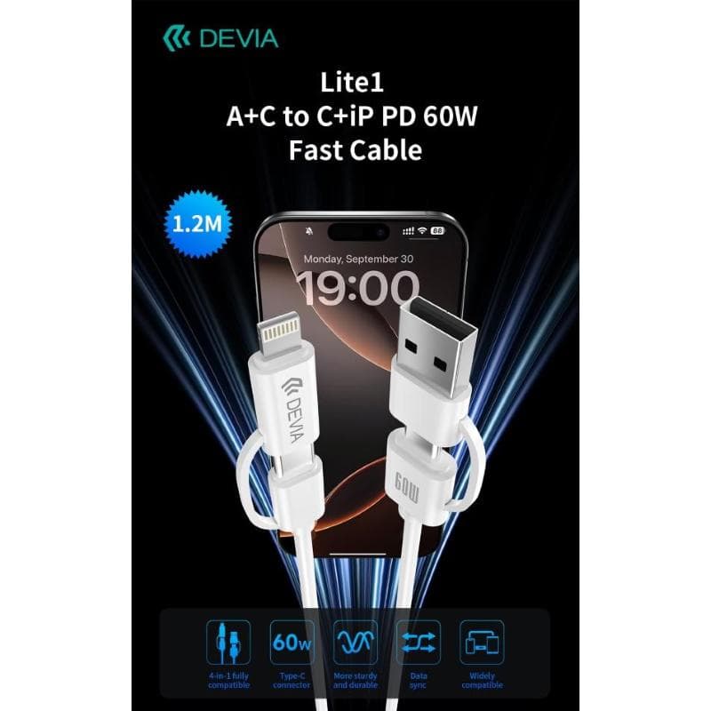 Devia Cavo di Ricarica PD 60W USB-A + USB-C a USB-C + Lightning (1,2 m)