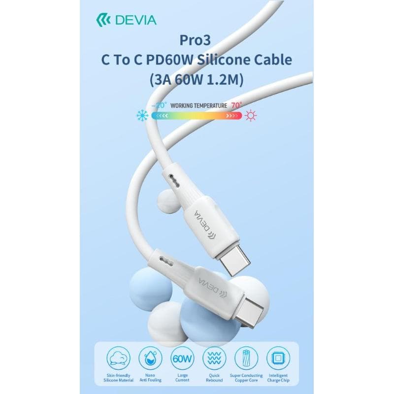Devia Cavo in silicone Pro3 da Tipo C a C PD60W 3A 60W 1,2M Bianco