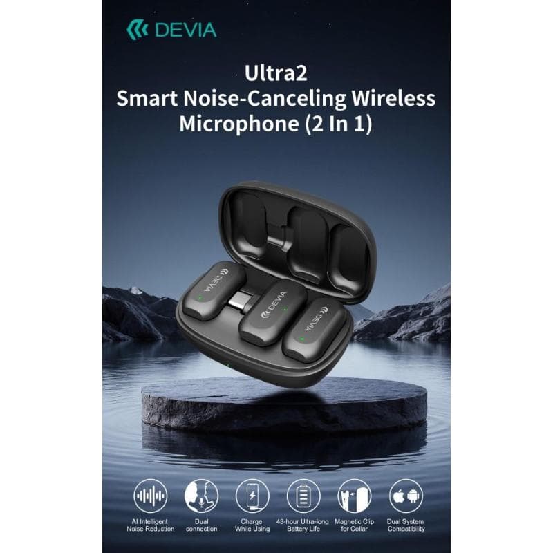 Devia Ultra2 Doppio Microfono Wireless con Riduzione Rumore AI e Clip Magnetica connessione tipo-C e Lightning