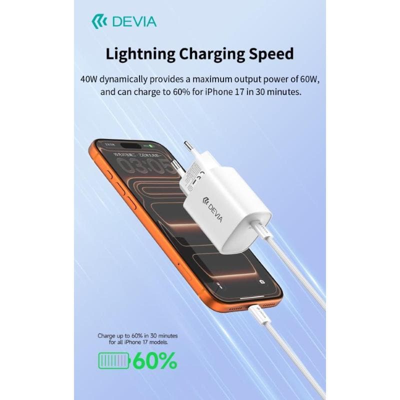 Devia Ultra6 GaN Fast Charger PD 40W / EU 60W �" Con Cavo incluso USB-C Ricarica Rapida Bianco
