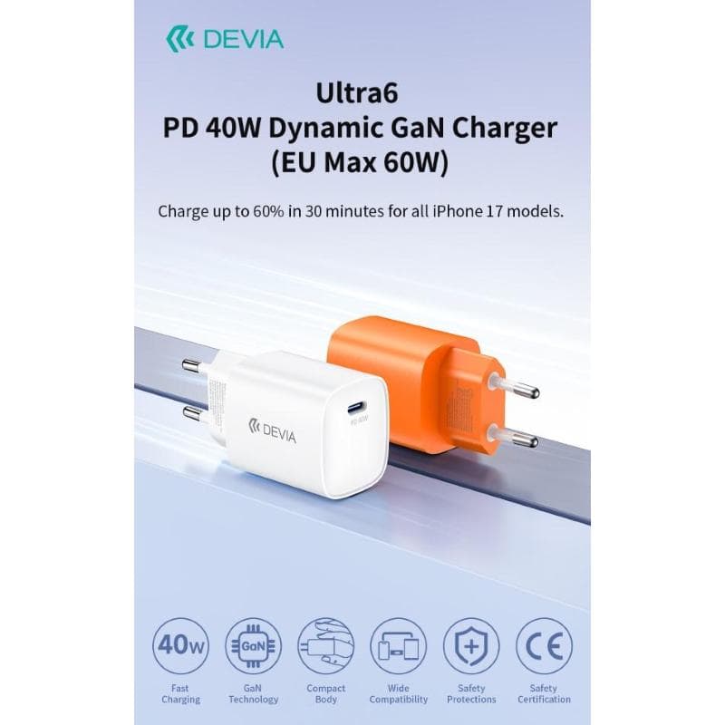 Devia Ultra6 GaN Fast Charger PD 40W / EU 60W �" USB-C Ricarica Rapida Bianco