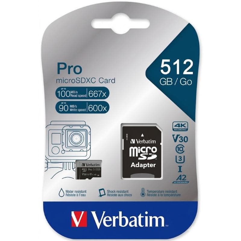 microSD 512GB VERBATIM SDXC c10 PRO U3 A2 INCL ADAPTOR