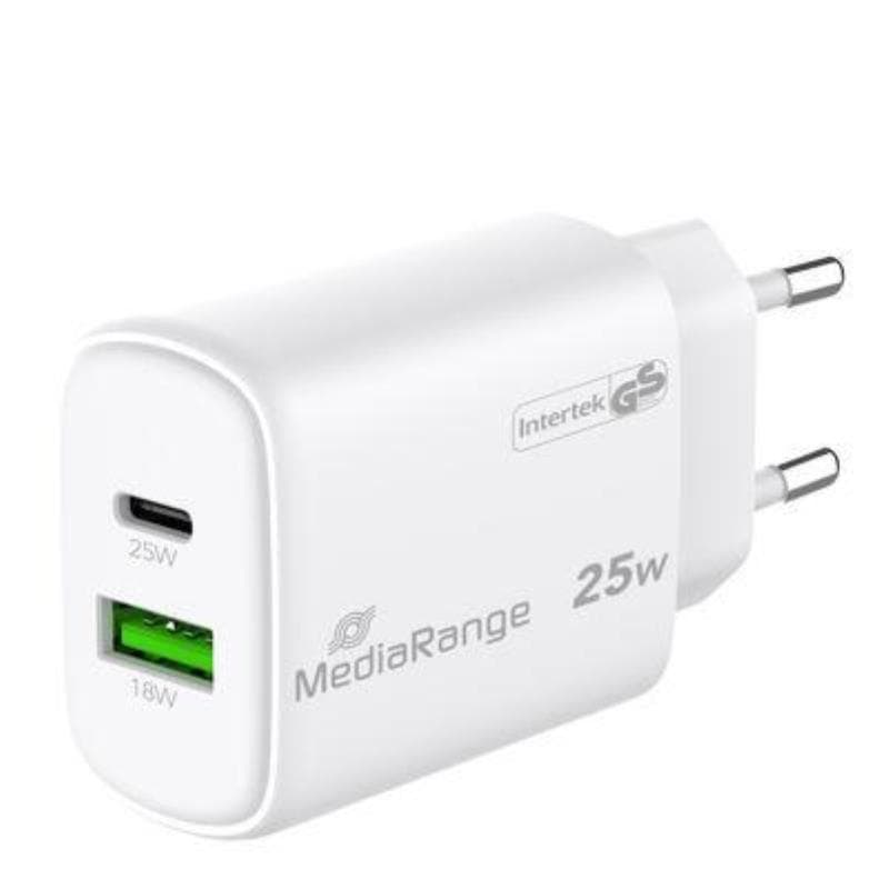 Adattatore di ricarica rapida MediaRange GaN da 25 W (spina UE), 1 porta USB-C e 1 porta USB-A, compatibile con USB-C� Power Delivery e Quick Charge�, bianco.