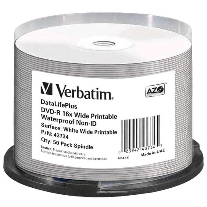 DVD-R 4.7GB 16x Cake 50pz VERBATIM Azo InkJet Bianca Glossy Waterproof 21-118