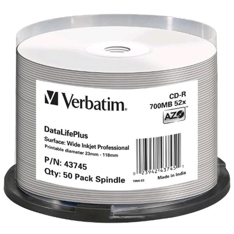 CD-R 700MB 52x Cake 50pz VERBATIM Pro Azo InkJet Bianca 23�118 MED
