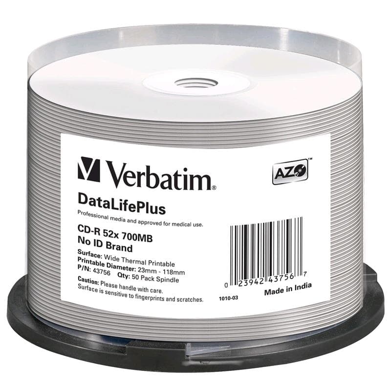 CD-R 700MB 52x Cake 50pz VERBATIM Pro Azo Termica Bianca 23�118 MED