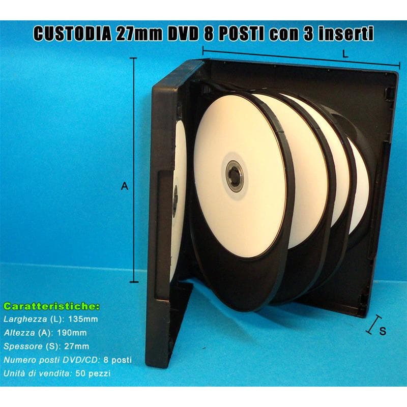 CUSTODIA 27mm DVD 8 posti NERA con 3 inserti Conf.50pz
