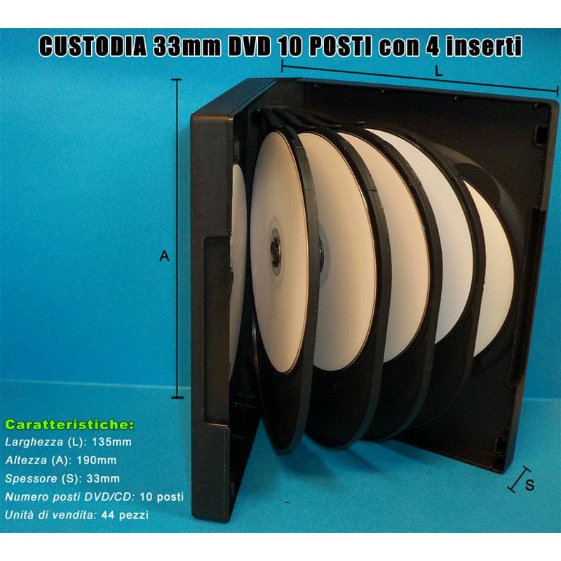CUSTODIA 33mm DVD 10 posti NERA con 4 inserti Conf.50pz
