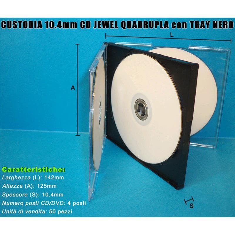 CUSTODIA 10.4mm CD JEWEL QUADRUPLA TRAY NERO lotto da 50pz