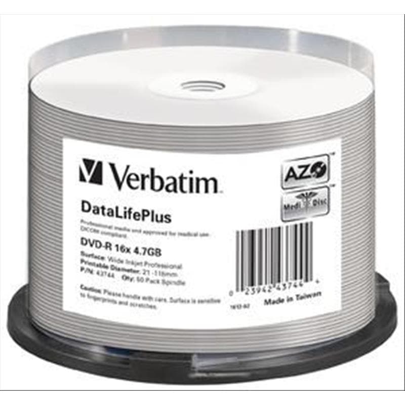 DVD-R 4.7GB 16x Cake 50pz VERBATIM Azo InkJet Bianca 21-118 MED