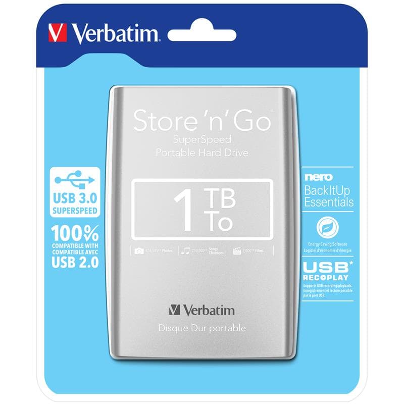 Verbatim Store 'n' Go 1TB USB3.0 - SILVER (9.5mm drive) 2.5" portable HDD