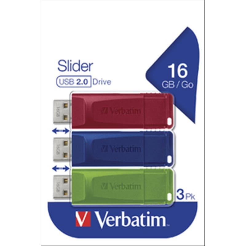 PEN DRIVE 16GB VERBATIM USB 2.0 SLIDER 3 X (RED \ BLUE \ GREEN)