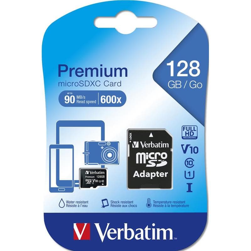 microSD 128GB VERBATIM SDXC c10 UHS-I/U1 con adattatore 90R\10W - 600x