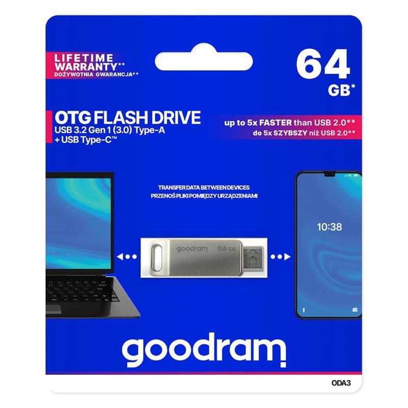 PEN DRIVE 64GB GOODRAM USB 3.2/TYPE C DualDrive ODA3 SILVER 60R/20W