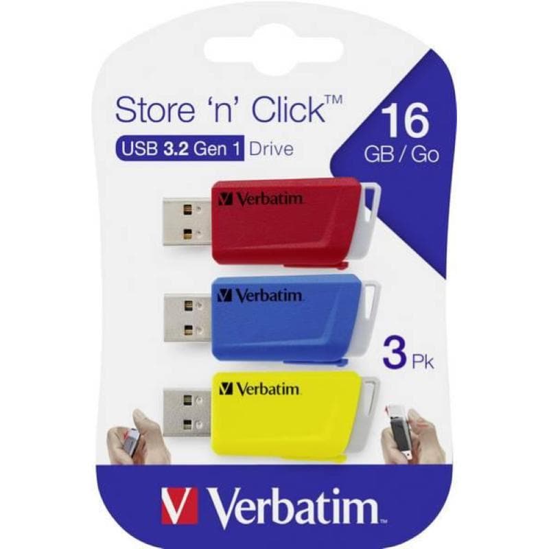 PEN DRIVE 16GB VERBATIM USB 3.0 Store'n'Click nera blu gialla conf.3pz