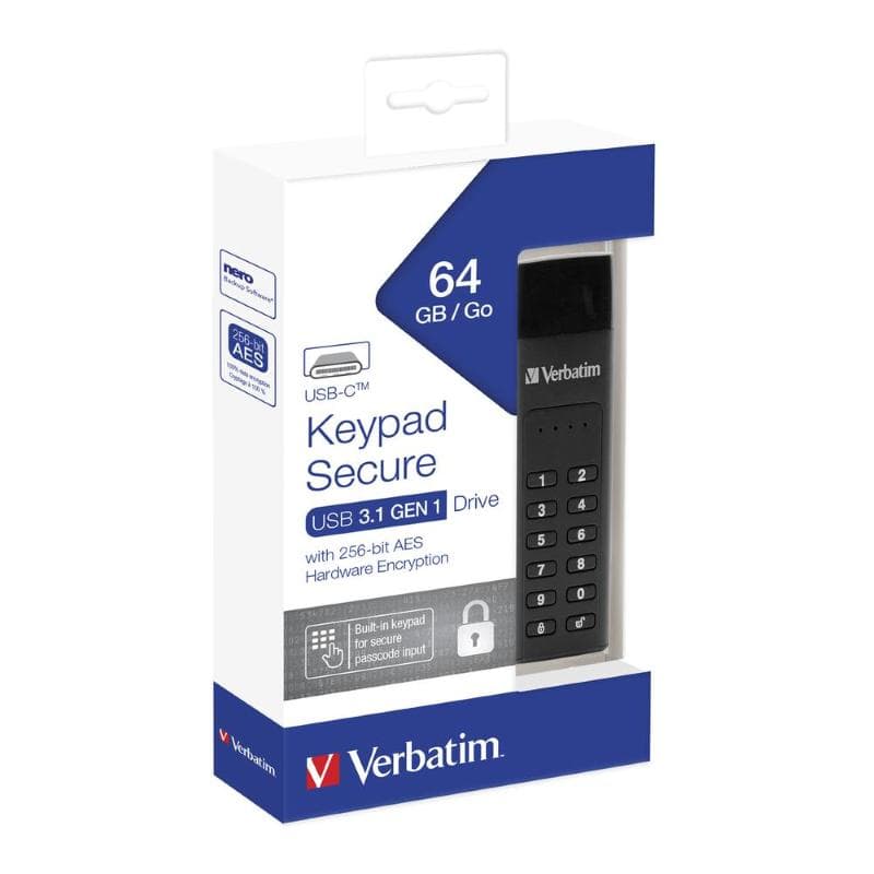 PEN DRIVE 128GB VERBATIM USB 3.1 GEN 1 KEYPAD SECURE WITH 256-BIT AES HARDWARE ENCRYPTION USB C