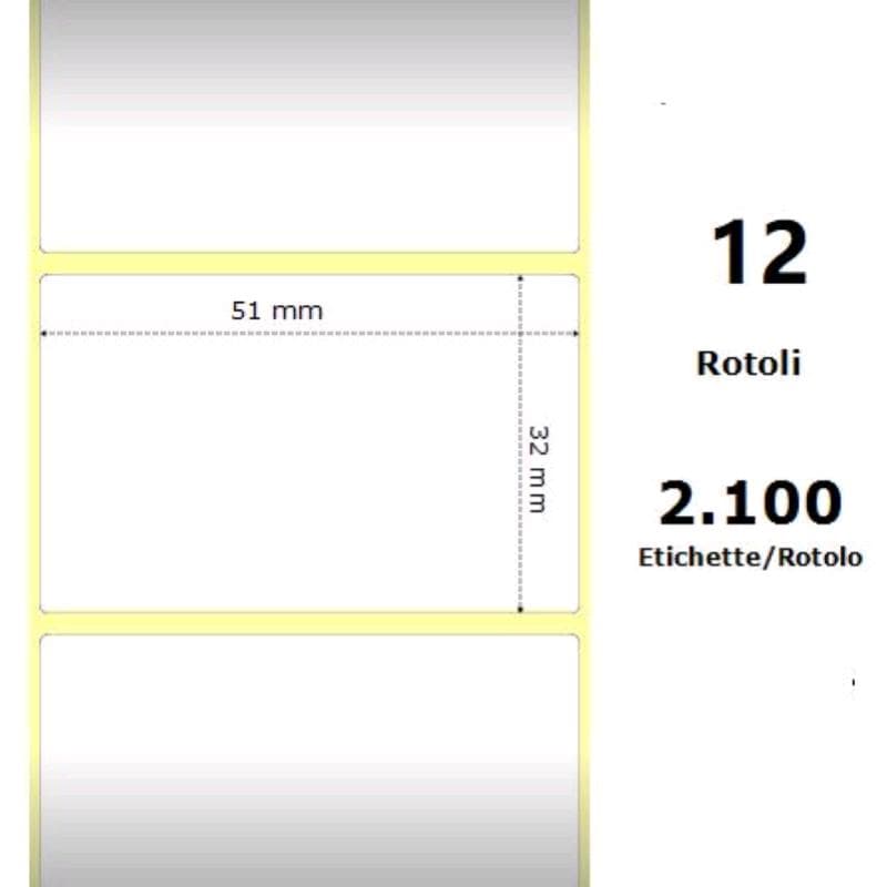 Zebra White 51x32mm,2100 Et/Rotolo Z-1000D, 2x1.3x1 Core - MINIMO 12pz