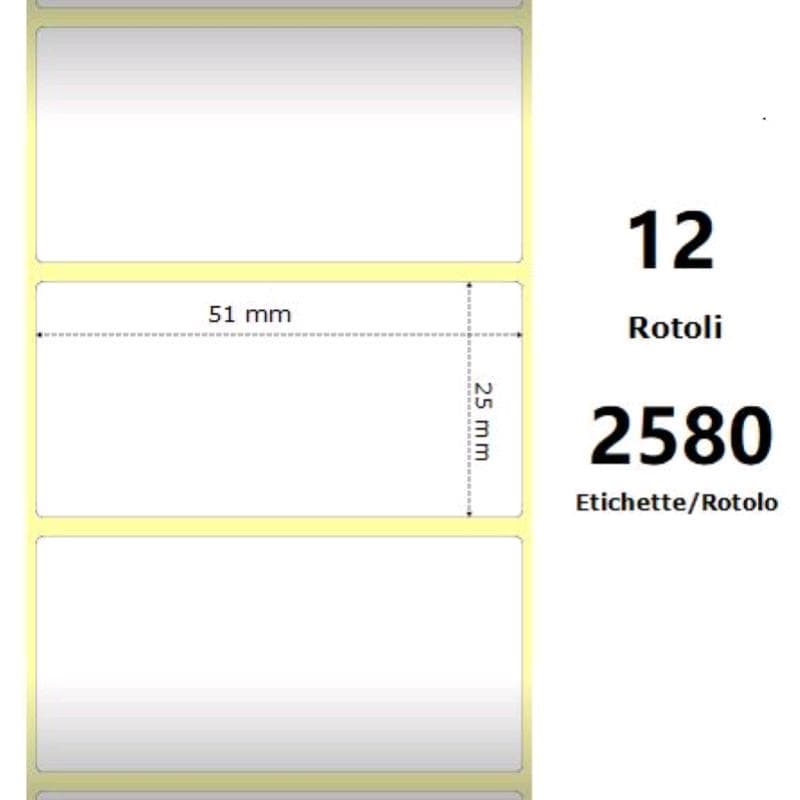 Zebra White 51x25mm, 2580 Et/Rotolo Z-2000D, 2x1x1 Core - MINIMO 12pz