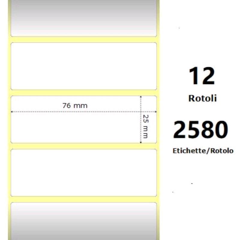 Zebra White 76x25mm, 2580 Et/Rotolo Z-2000D, 3x1x1 Core - MINIMO 12pz