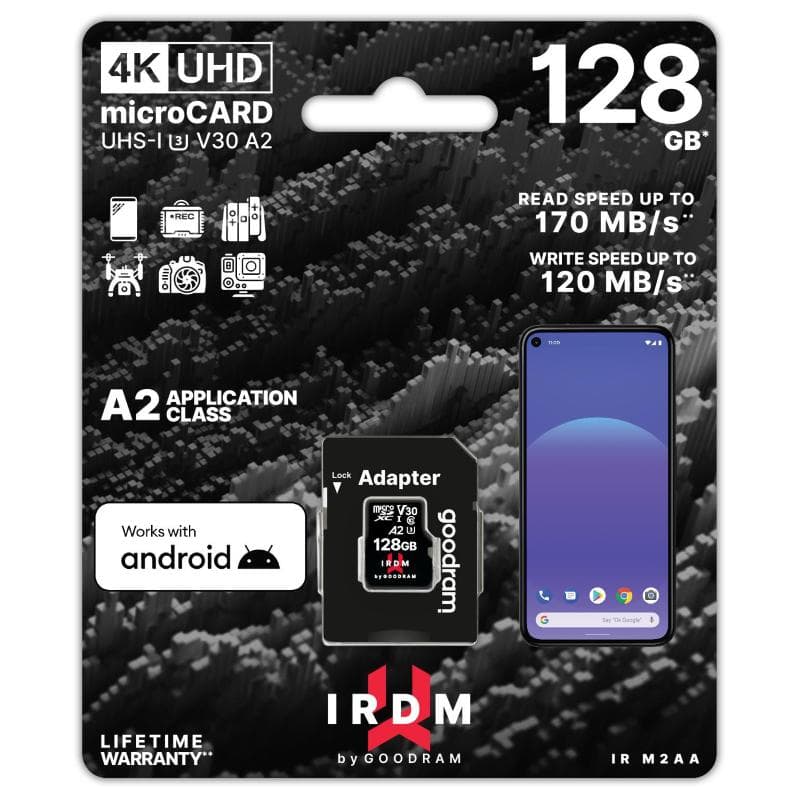 microSD 128GB GOODRAM SDXC v30 UHS-I/U3 A2 IR-M2AA con adattatore 170R/120W