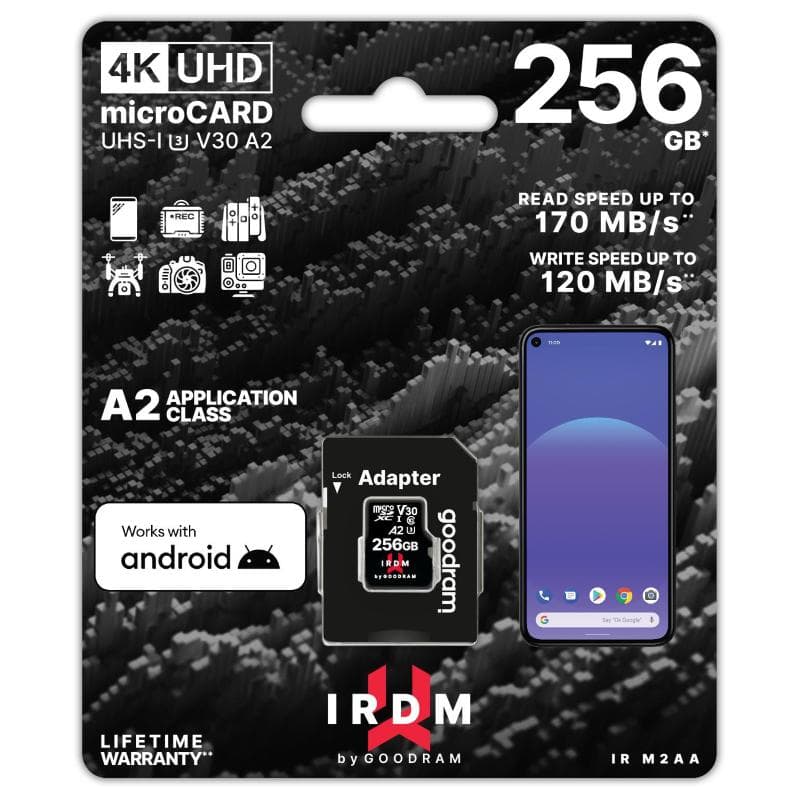 microSD 256GB GOODRAM SDXC v30 UHS-I/U3 A2 IR-M2AA con adattatore 170R/120W