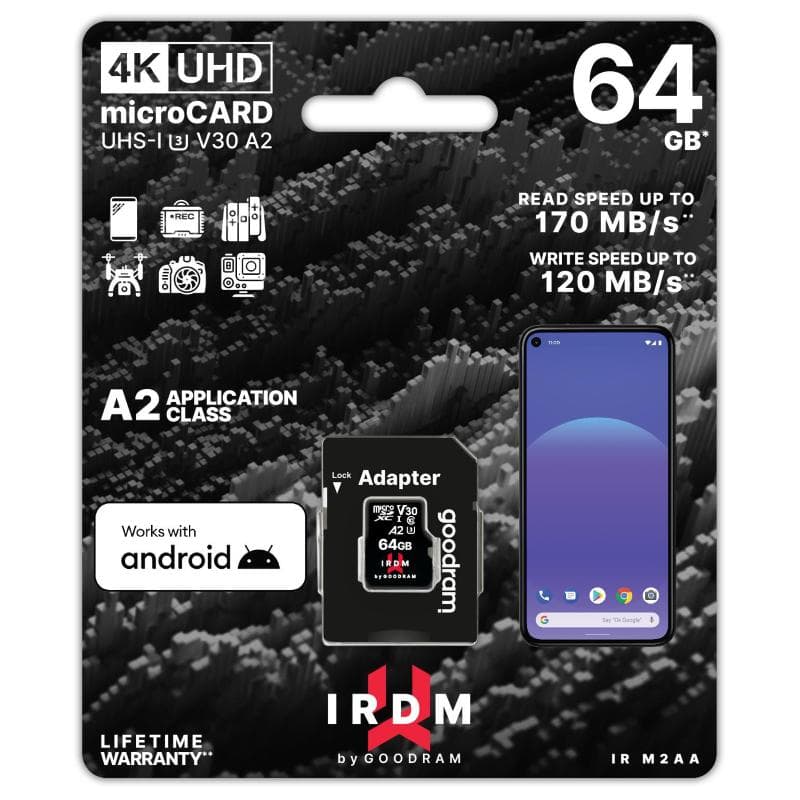 microSD 64GB GOODRAM SDXC v30 UHS-I/U3 A2 IR-M2AA con adattatore 170R/120W