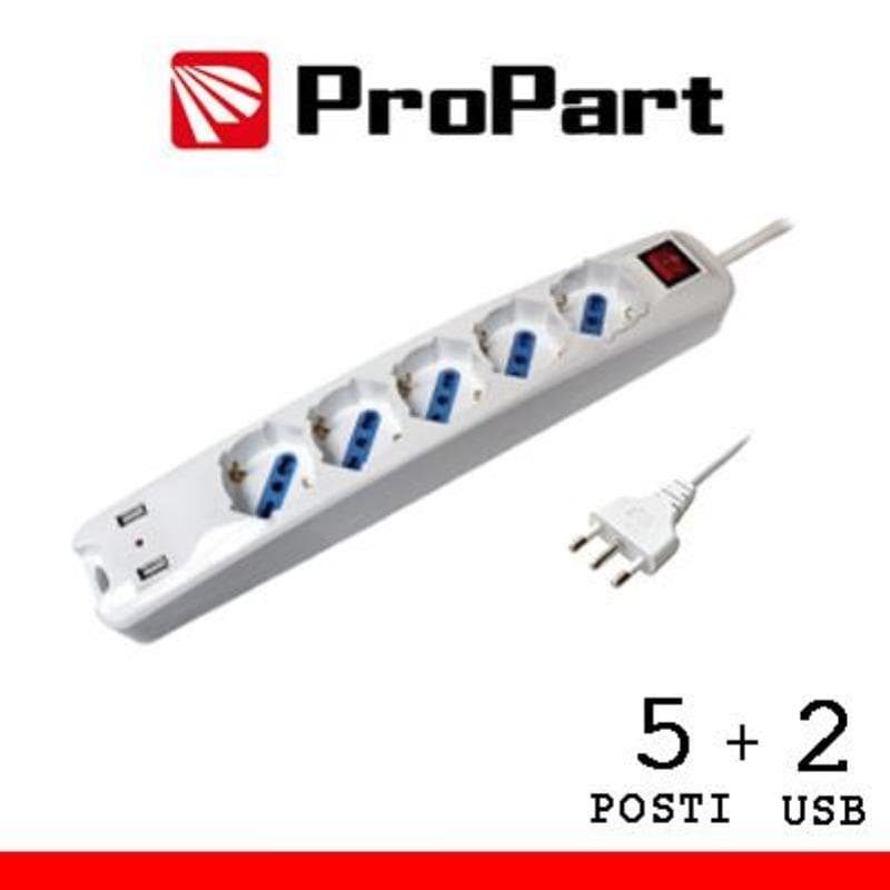 Multipresa 5pos bipasso/schuko + USB spina16A +interr.