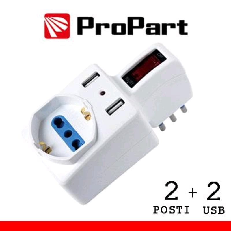 Adattatore 2 posti bipasso/schuko +USB spina10A salvasp. + int.