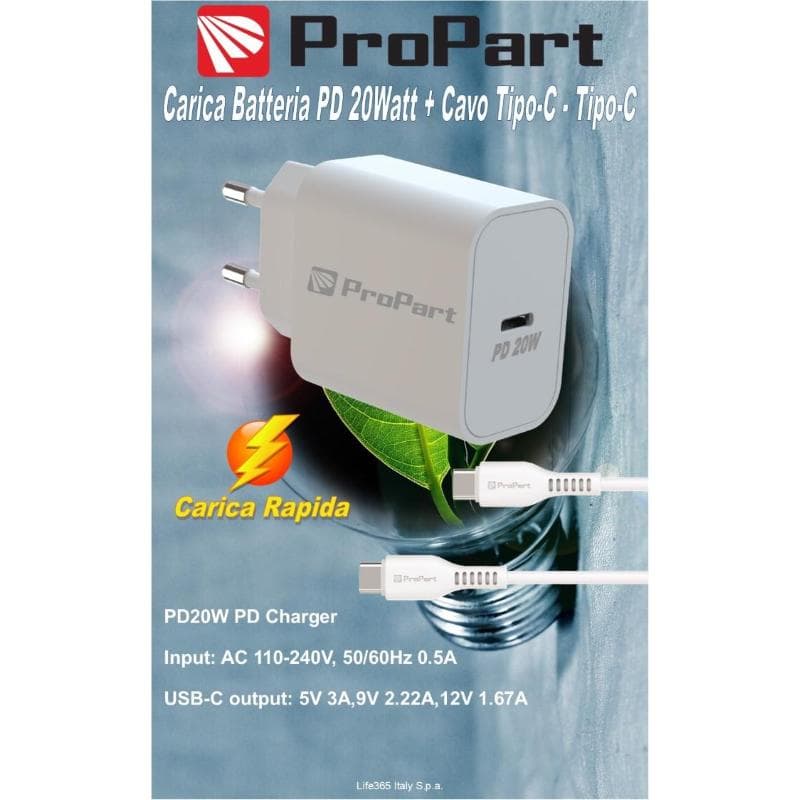 ProPart Carica batteria Rapido PD 20W Con Cavo da Tipo-C a Tipo-C 3A