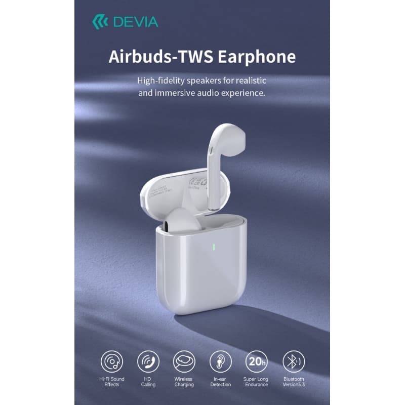 Devia Auricolari Airbuds TWS EM053 Carica Wireless BT 5.3 Bianchi
