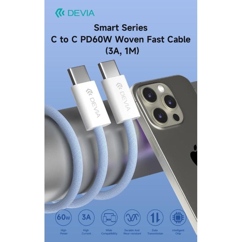 Devia Cavo intrecciato Fast serie Smart da C a C PD 60 W 1mt Blu