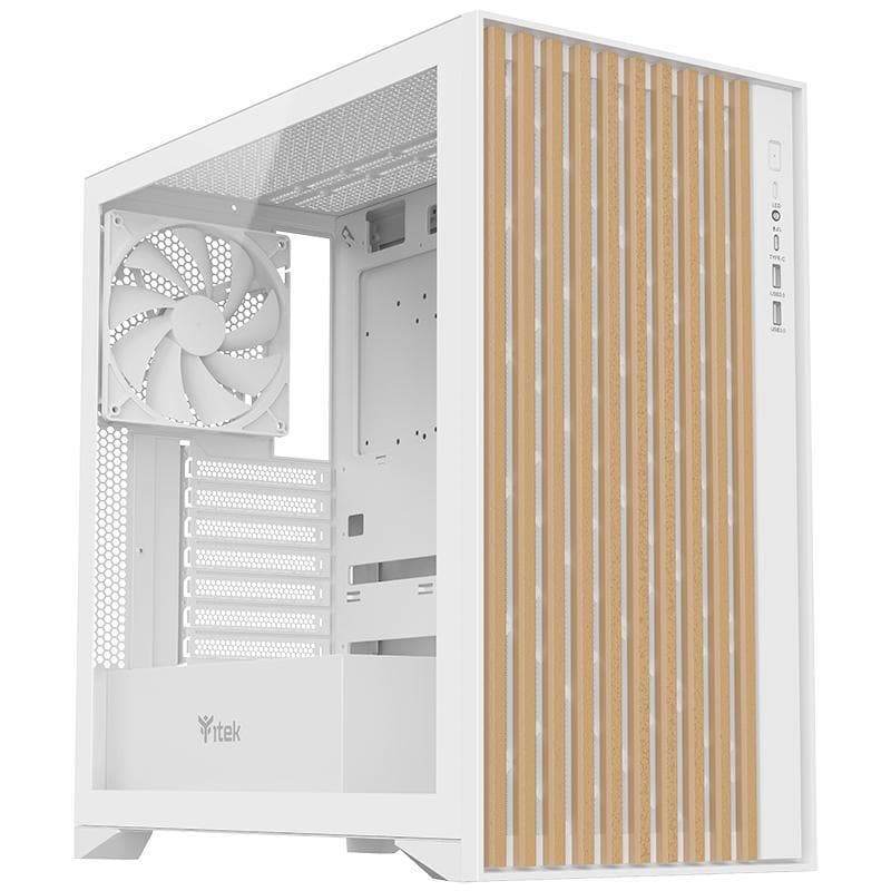 iTEK CASE TOWER "Case WOODY" Gaming Tower 2*USB3,1*USB-C 3*12cm fan ARGB, Temp Glass Sidel, BIANCO+Wood Front