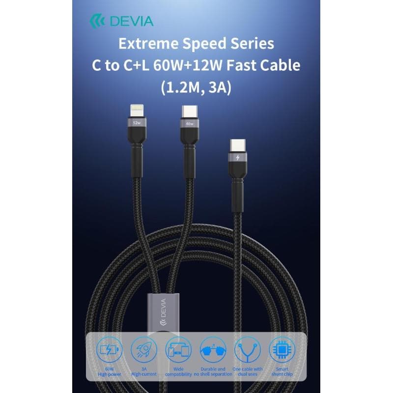 Devia Cavo Carica rapida da C a C+L 60W+12W (1,2 M, 3 A)