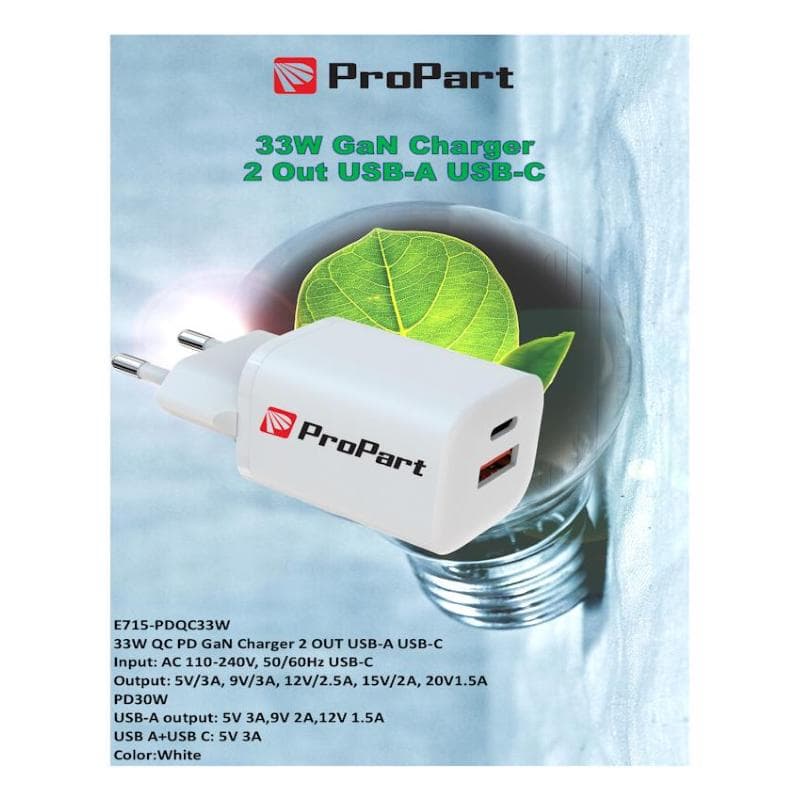 ProPart Carica Batteria QC PD GaN Charger 33W 2 Output USB-A + USB-C
