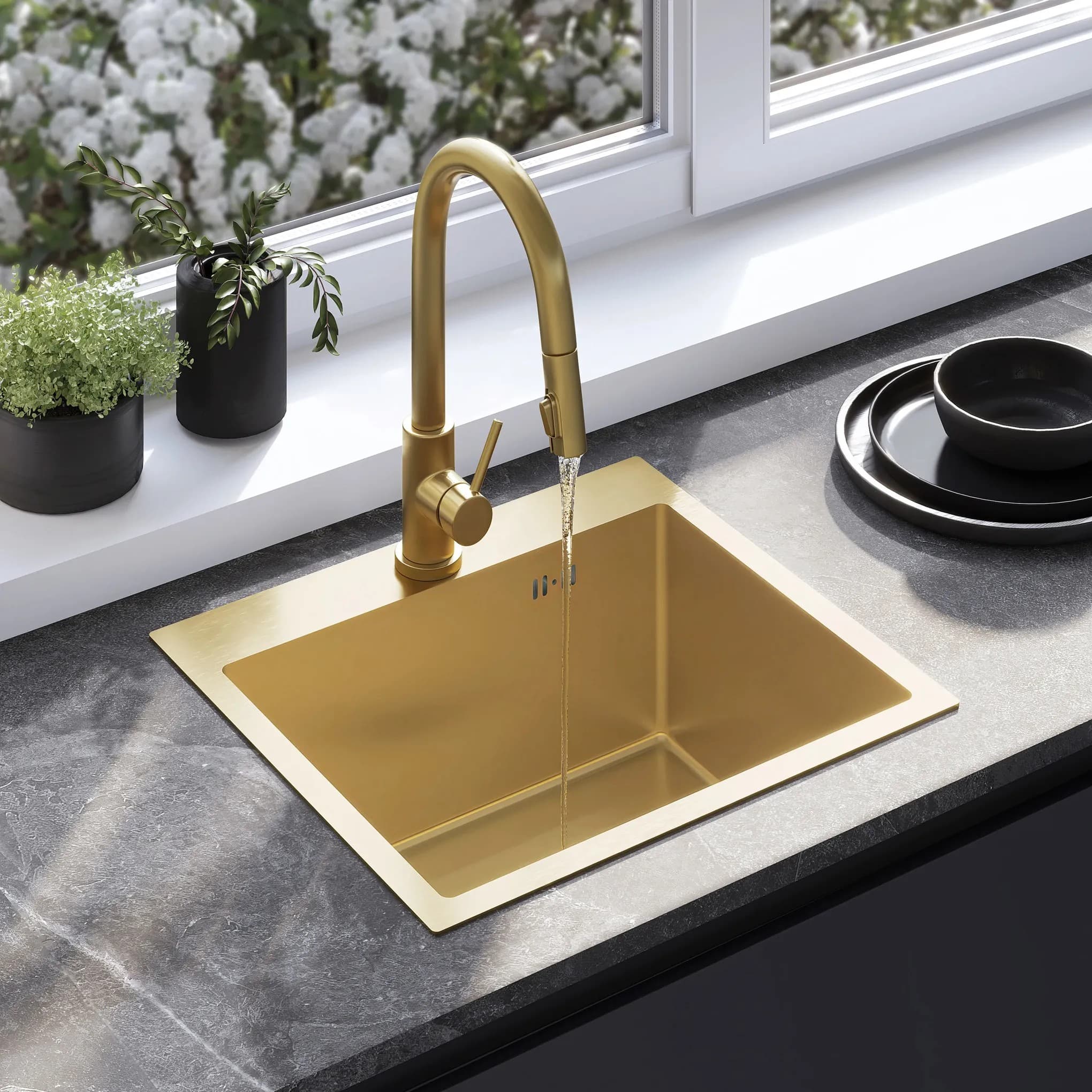 Lavello In Acciaio Leo 50 Brush Gold con rubinetto da cucina