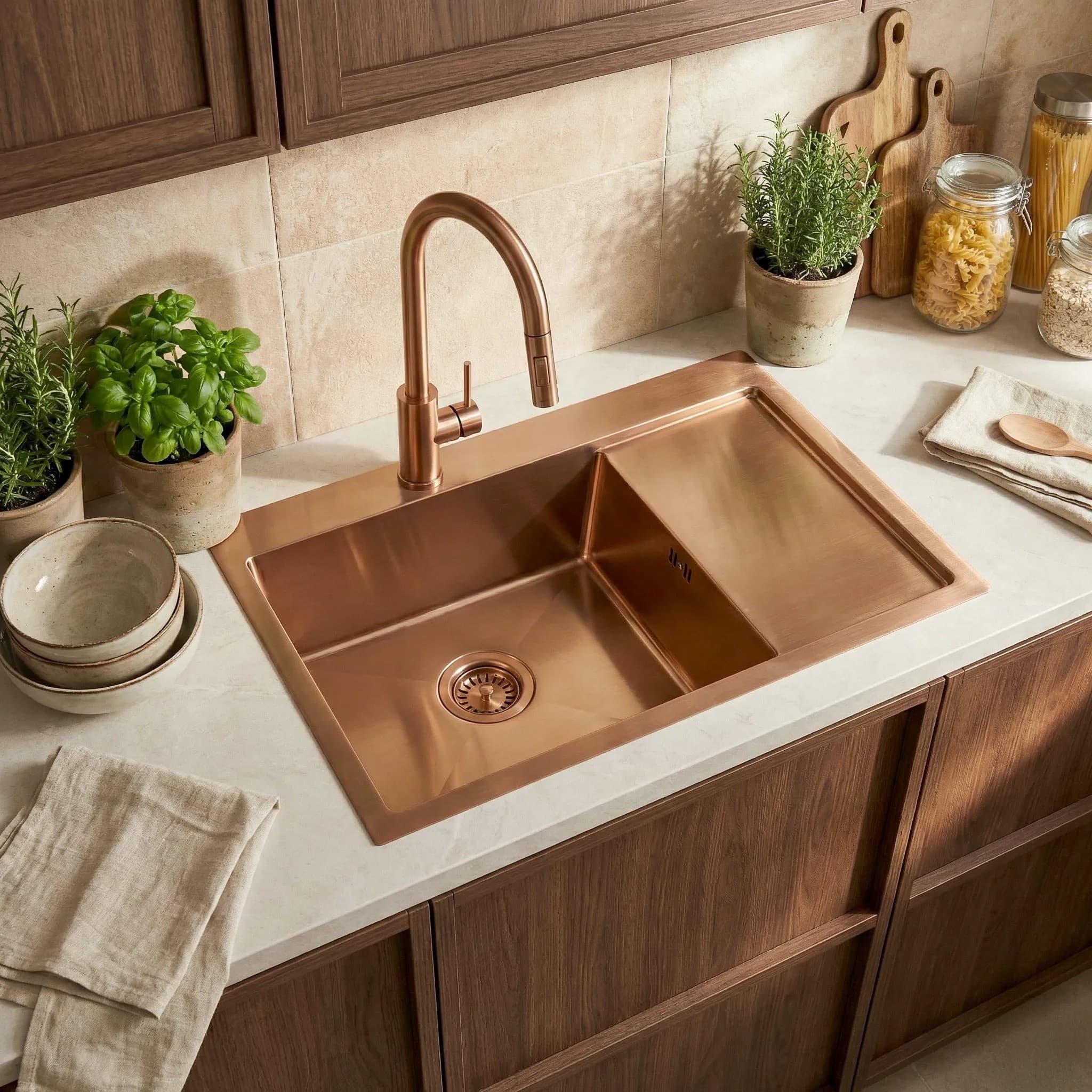 Lavello In Acciaio Fin Brush Copper con rubinetto da cucina