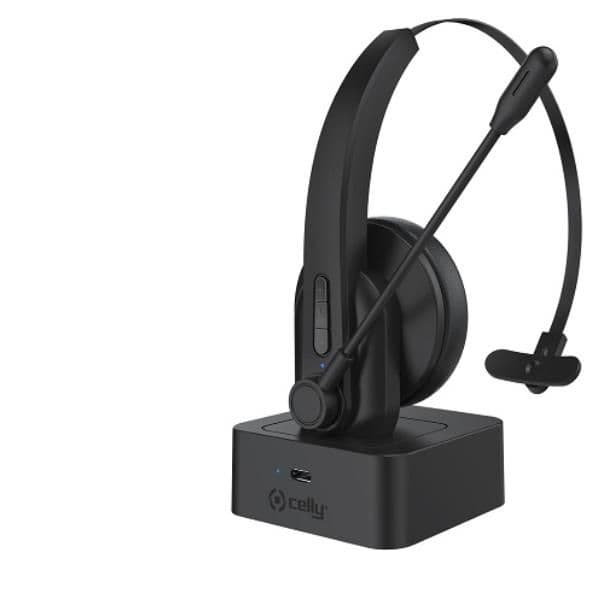 SWHEADSETMONO - Cuffia mono wireless per utilizzo ufficio, dotata di base di ricarica, archetto e microfono regolabili, tasti multi funzione