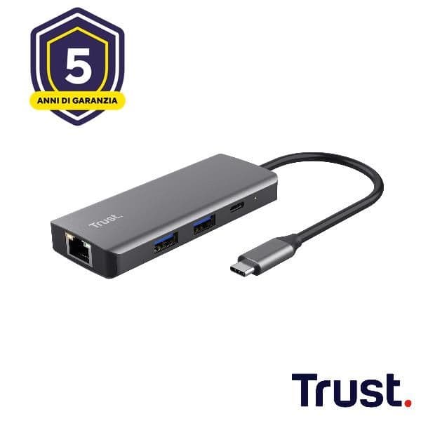 ADATTATORE DOCKING STATION MULTIPORT 6 IN 1, 1 HDMI 4K(60HZ), 1 LAN, 1 USB-C PD, 1 USB-C, 2 USB-A 3.0 - TRUST DALYX 6-IN-1 - ALLUMINIO