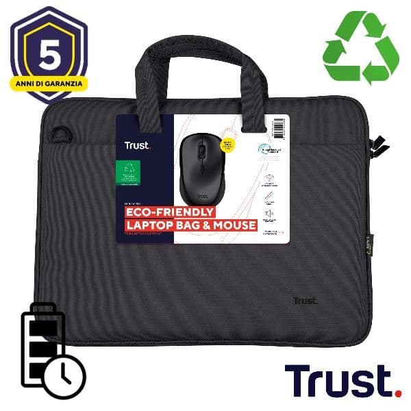 SET BORSA LAPTOP FINO A 16" + MOUSE WIRELESS REALIZZATI CON MATERIALE RICICLATO - TRUST BOLOGNA NERO