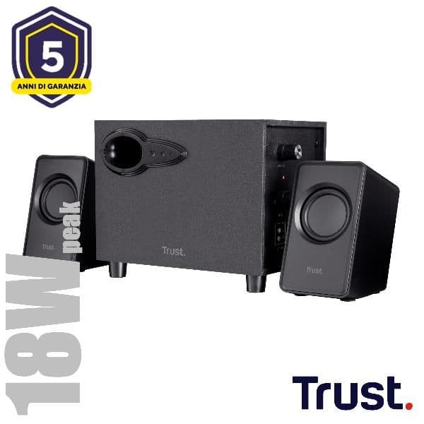 SET ALTOPARLANTI SPEAKERS 2.1 18W PICCO (9W RMS) CON SUB WOOFER LEGNO - TRUST AVORA - NERO