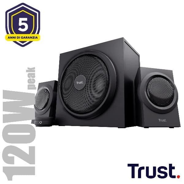 SET ALTOPARLANTI SPEAKERS 2.1 120W PICCO (60W RMS) - CON TELECOMANDO CON INGRESSO AUX + PRESA PER CUFFIE E SUB WOOFER LEGNO - TRUST YURI 2.1 - NERO