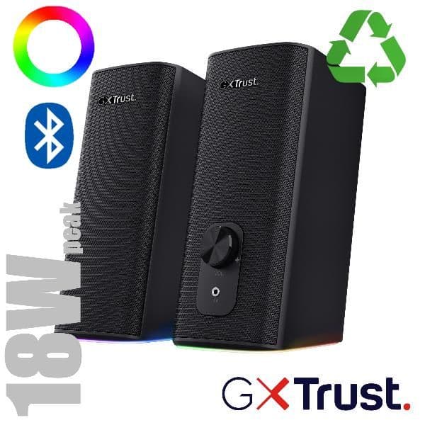 SET GAMING ALTOPARLANTI SPEAKERS 2.0 18W PICCO (9W RMS) MULTICONNECT JACK 3,5MM + BLUETOOTH ILLUMINATI LED RGB CON INGRESSO CUFFIA - PLASTICA RICICLATA 76% - TRUST GXT612 CETIC -