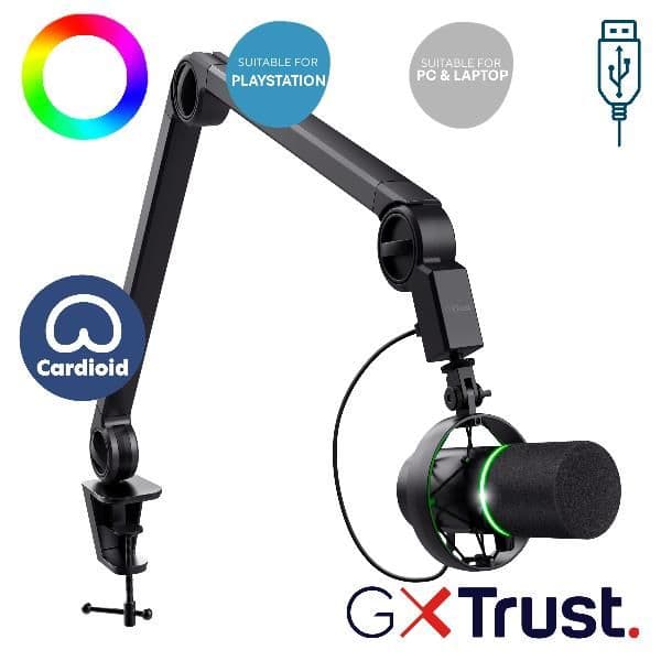 MICROFONO GAMING CABLATO USB 1,8M PROFESSIONALE ILLUMINATO CON BRACCIO, INGRESSO JACK 3,5MM PER STUDIO DI REGISTRAZIONE - TRUST GXT255+ ONYX - NERO