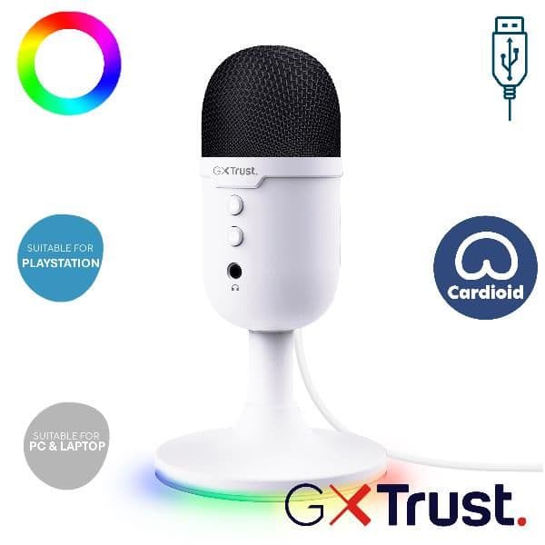 MICROFONO GAMING CABLATO USB 1,8M ILLUMINAZIONE RGB CON INGRESSO JACK 3,5MM - TRUST GXT234W YUNIX - BIANCO