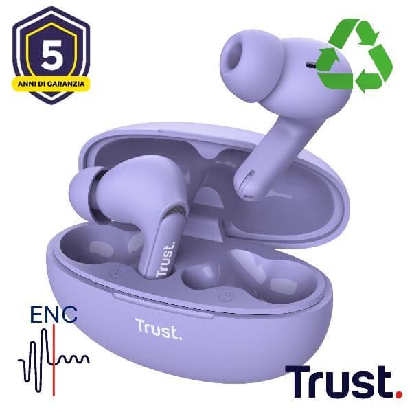 AURICOLARI BLUETOOTH EARBUDS CON RIDUZIONE DEL RUMORE ENC - PLASTICA RICICLATA 35% - TRUST YAVI VIOLA