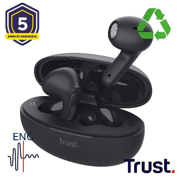 AURICOLARI BLUETOOTH EARPHONES CON RIDUZIONE DEL RUMORE ENC - PLASTICA RICICLATA 85% - TRUST YAVI NERO