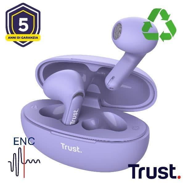 AURICOLARI BLUETOOTH EARPHONES CON RIDUZIONE DEL RUMORE ENC - PLASTICA RICICLATA 35% - TRUST YAVI VIOLA